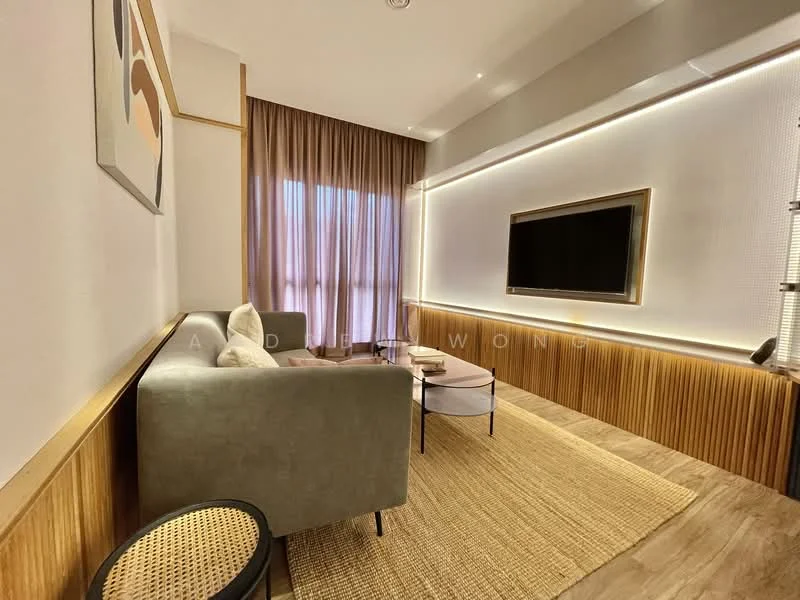 Living features: grey fabric sofa, round coffee table, wall-mounted TV, wood paneling, recessed LED lighting, sheer curtains, area rug with natural texture, decorative wall art; style: modern.