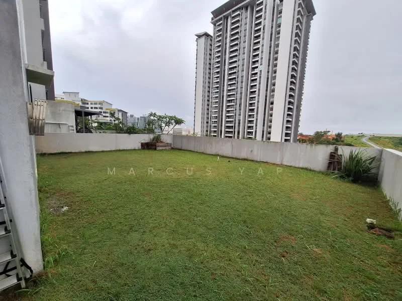 Exterior features: manicured lawn, surrounded by low fencing, adjacent to high-rise buildings, greenery in background, concrete wall, open space; style: modern.