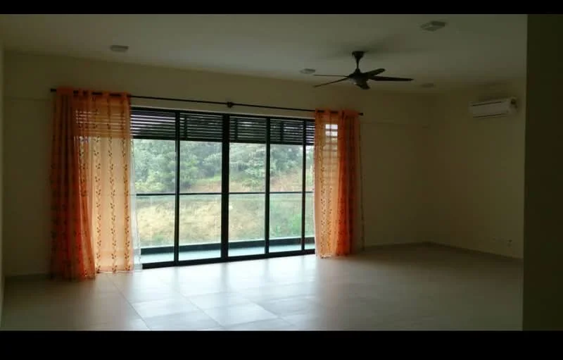 Living features: floor-to-ceiling windows, sliding glass door, orange sheer curtains, 5-blade ceiling fan, wall-mounted split AC, light-colored painted walls, tile flooring, neutral color scheme; style: modern; view: garden.