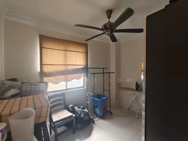Room features: ceiling fan, window with brown roller blinds, light-colored walls, tile flooring, clothes rack, laundry basket, ironing board, black plastic bag, wooden chair, bed with bedding.