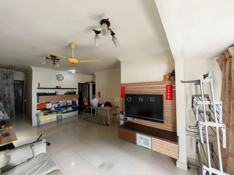 Living features: white painted walls, glossy ceramic tile flooring, ceiling fan with light, recessed downlights, wall-mounted TV, wooden TV console, decorative wall shelf, study desk, clock on wall, curtains, sofa, open shelving unit; style: modern.