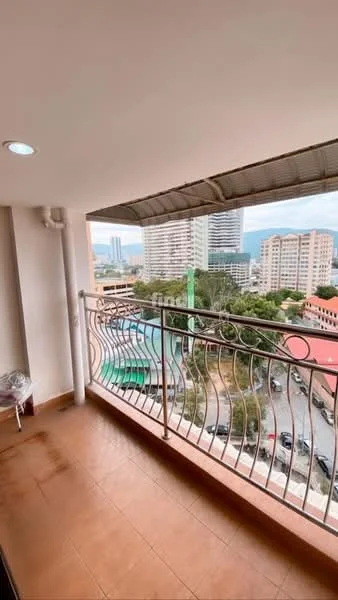 Balcony features: metal railing, tiled flooring, city view, overhead roof, outdoor ceiling light, space for outdoor furniture; view: city.