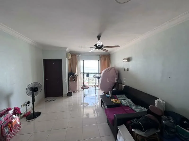 Living features: light green painted walls, white ceiling with crown moulding, polished ceramic tile flooring, 3-blade ceiling fan, sofa in dark fabric, pink throw pillows, coffee table, floor fan, sliding glass door, balcony view, decorative wall sconce, TV console, storage boxes; style: modern; view: city.