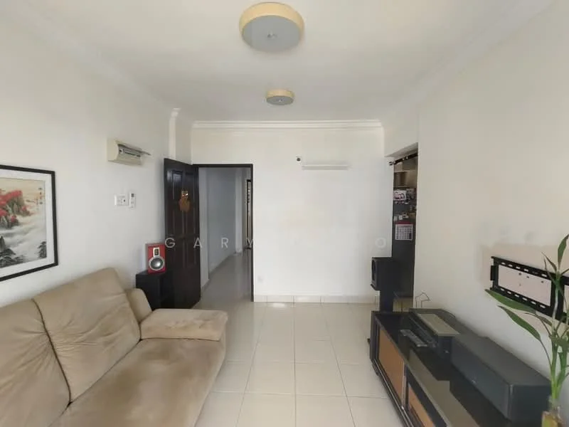Living features: beige fabric sofa, wall-mounted TV, TV console, white painted walls, cream tiled flooring, 1 wall-mounted split AC, ceiling light fixture, decorative plant in pot; style: modern.