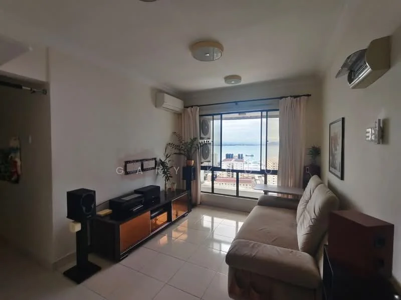 Living features: floor-to-ceiling windows, beige fabric sofa, wooden coffee table, TV console, wall-mounted TV, decorative plants, cream painted walls, recessed downlights, 1 wall-mounted split AC, tile flooring, curtains, city view; style: modern; view: city.