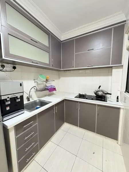 Kitchen features: grey cabinetry with glass panels, white countertop, single-bowl stainless-steel sink, chrome pull-down faucet, built-in gas hob, exhaust hood, tile backsplash, white tiled walls, cream tiled flooring, under-cabinet lighting, open shelving, kitchen appliances including coffee machine; style: modern.