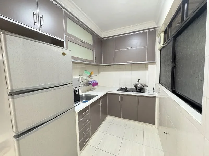 Kitchen features: grey cabinetry, white countertop, double-bowl stainless-steel sink, chrome pull-down faucet, built-in gas stove, stainless-steel fridge, tile backsplash, white tiled walls, ceramic tile flooring, window with black grille, overhead cabinets, kitchen utensils on countertop; style: modern.