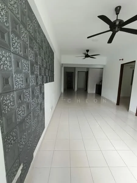 Room features: white painted walls, grey accent wall with decorative panels, ceramic tile flooring, 2 ceiling fans, recessed ceiling lights, open layout, doorway leading to hallway, neutral color scheme; style: modern.