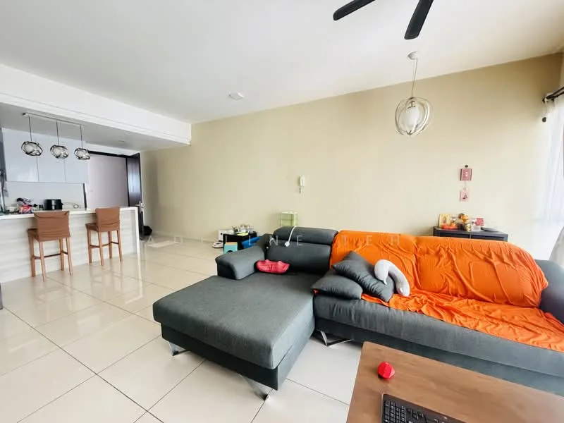 Living features: grey fabric sectional sofa, orange throw blanket, wooden coffee table, flat-screen TV on console, tile flooring, light beige painted walls, ceiling fan, floor-to-ceiling windows with sheer curtains, decorative wall clock, open-plan layout to kitchen, recessed lighting; style: modern.