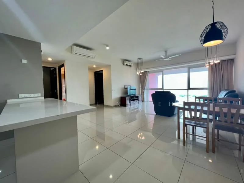 Living features: white painted walls, glossy ceramic tile flooring, recessed downlights, 5-blade ceiling fan, large window with city view, sofa in dark blue, wooden dining table with chairs, TV console, wall-mounted TV, curtains, air conditioning unit; style: modern; view: city.