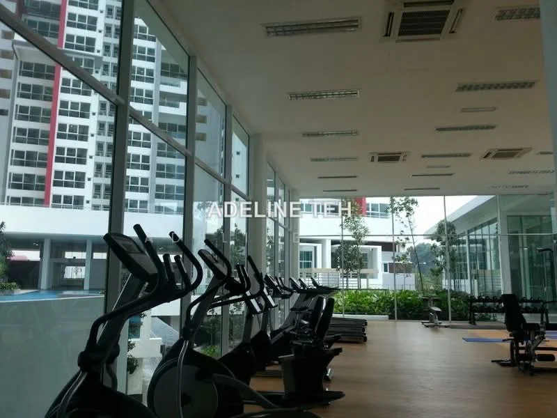 Room features: large windows, wooden flooring, exercise equipment, elliptical machines, weight machines, greenery visible outside, open layout, high ceiling, air conditioning vents, natural light; style: modern; view: garden.