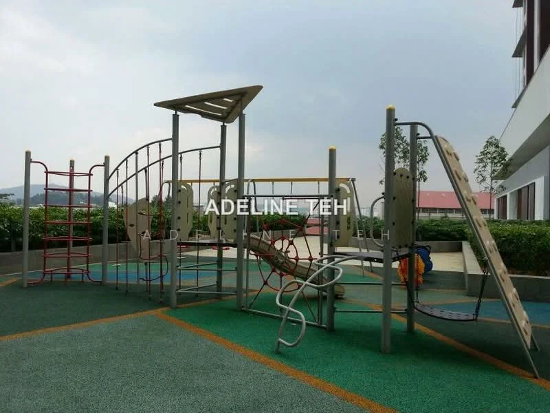 Exterior type: children's playground; features: playground equipment with climbing structures, slide, swing set, rubberized flooring, green landscaping, surrounding hedges, open space, cloudy sky; style: modern.