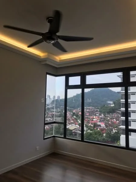 Room features: 5-blade ceiling fan with integrated LED light, grey painted walls, wooden flooring, floor-to-ceiling windows, mountain view, crown moulding, recessed lighting; style: modern; view: mountain.