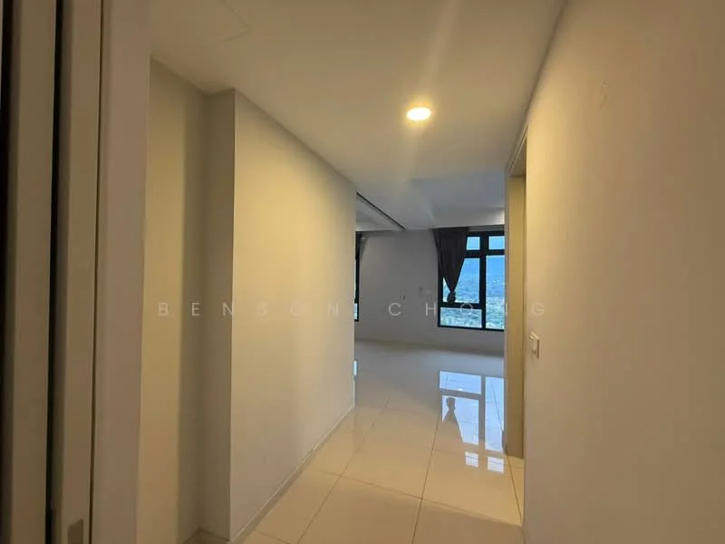Room features: white painted walls, glossy tile flooring, recessed downlights, large windows with city view, curtains, neutral color scheme; style: modern; view: city.