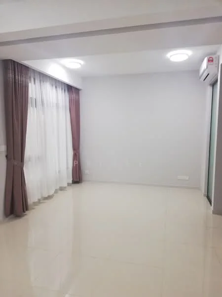 Room features: white painted walls, cream tiled flooring, floor-to-ceiling windows, sheer curtains, brown curtain drapes, recessed ceiling lights, 1 wall-mounted split AC; style: modern.
