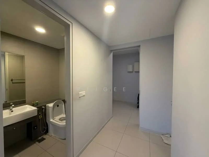 Bathroom features: single-sink vanity with grey cabinet, chrome basin mixer faucet, framed mirror, one-piece toilet, tile cladding on walls, grey tile flooring, recessed downlights; style: modern. Hallway features: light grey painted walls, tile flooring, recessed downlights; style: modern.