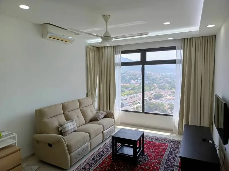 Living features: beige fabric sofa, black coffee table, wall-mounted TV, area rug with geometric pattern, floor-to-ceiling windows, sheer curtains, recessed downlights, 5-blade ceiling fan with light, air conditioning unit, light-colored walls, neutral-colored flooring; style: modern; view: city.