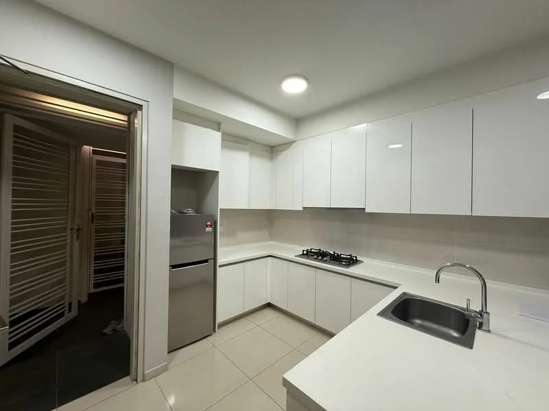 Kitchen features: white cabinetry, stainless-steel sink, chrome pull-down faucet, built-in gas hob, stainless-steel fridge, white countertop, ceramic tile flooring, recessed downlights, wall-mounted cabinets, open shelving, neutral wall tiles, sliding door to hallway; style: modern.