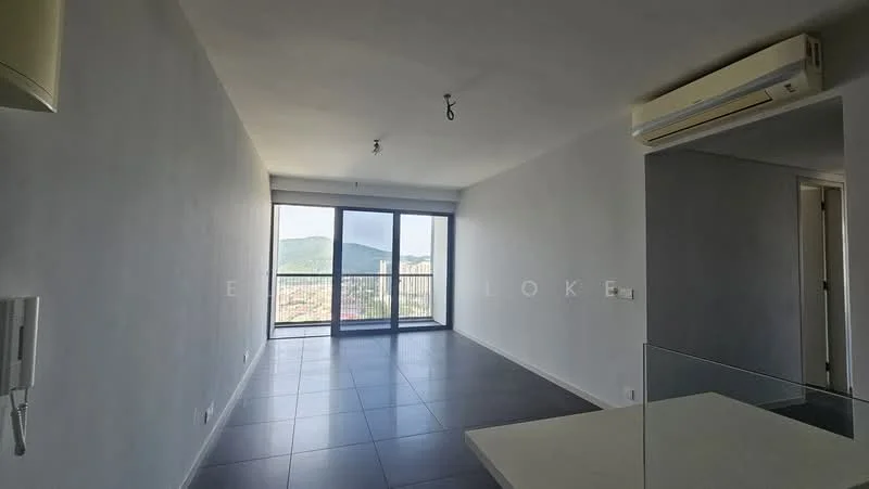 Living features: white painted walls, dark tile flooring, floor-to-ceiling windows, sliding glass door, mountain view, 1 wall-mounted split AC, recessed downlights, open layout; style: modern; view: mountain.