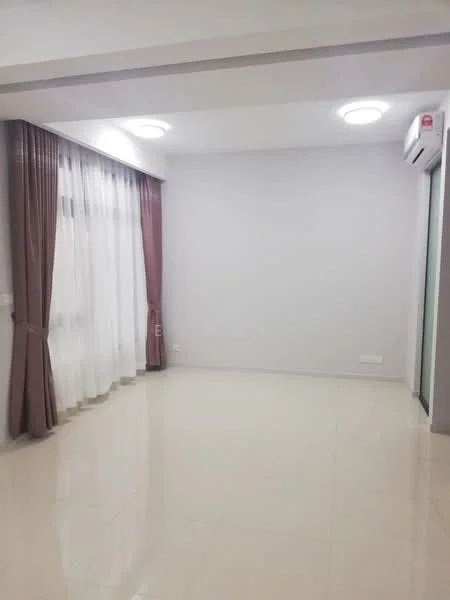Living features: white painted walls, glossy tile flooring, recessed downlights, floor-to-ceiling windows, sheer curtains, brown curtain drapes, wall-mounted split AC; style: modern.