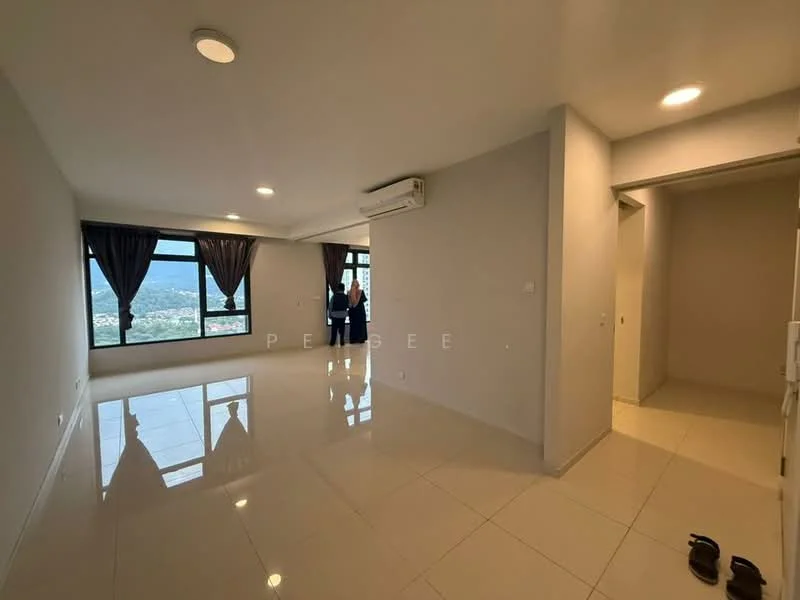 Living features: white painted walls, glossy tile flooring, floor-to-ceiling windows, blackout curtains, recessed downlights, wall-mounted split AC, open layout, city view; style: modern; view: city.