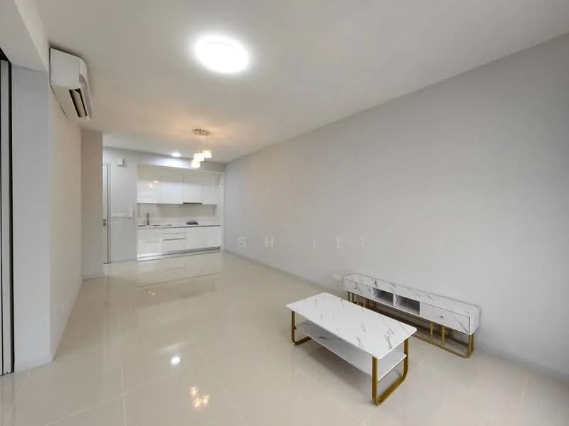 Living features: white painted walls, glossy tile flooring, recessed ceiling lights, 1 wall-mounted split AC, modern coffee table with marble top, 2 wooden benches with gold legs, open layout to kitchen, neutral color palette; style: modern. Kitchen features: white cabinetry, built-in oven, stainless-steel sink, 4-burner gas hob, white backsplash, countertop with overhang for seating, refrigerator, open layout to living area; style: modern.