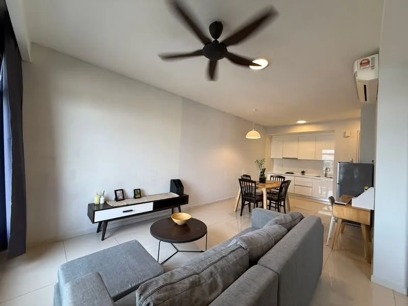 Living features: 3-seater fabric sofa in grey, coffee table, wall-mounted TV, ceiling fan, white painted walls, tile flooring, large window with dark curtains, decorative items on console table; style: modern. Dining features: 4-seater dining table, wooden dining chairs, pendant lamp, open kitchen area, white cabinetry, stainless-steel fridge, countertop with bar stools; style: modern.