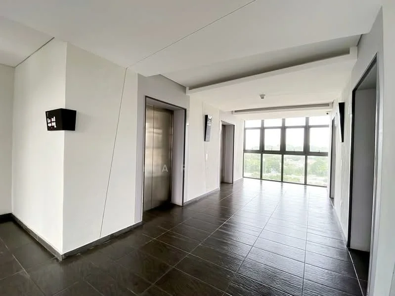Room features: grey tiled flooring, white painted walls, large floor-to-ceiling windows, elevator access, modern light fixtures, open layout, corner view, recessed ceiling, metal door frames; style: modern; view: city.