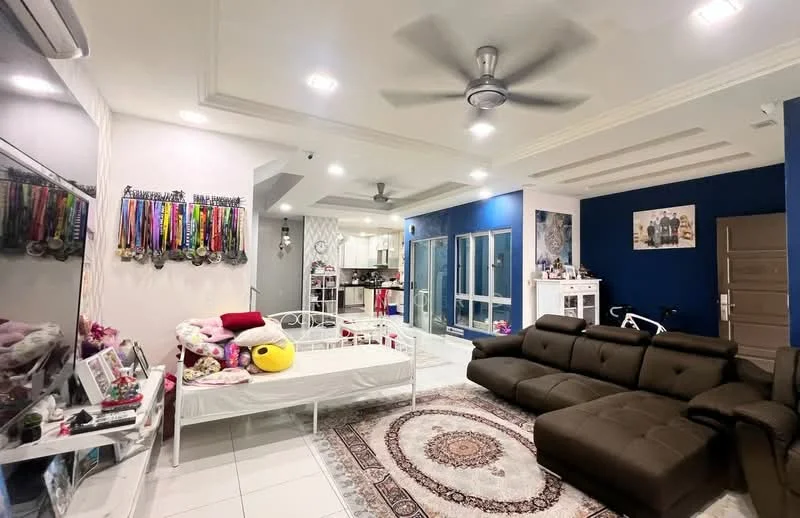 Living features: 3-seater brown leather sofa, area rug with intricate pattern, white painted walls, blue accent wall, ceiling with recessed downlights, 5-blade ceiling fan with light, large glass sliding doors, decorative wall with medals displayed, white shelving unit, decorative items on shelves, wall-mounted artwork, tile flooring; style: modern. Room features: white bed frame, colorful stuffed toys, decorative pillows.