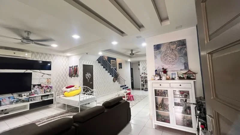 Living features: 3-seater fabric sofa in dark brown, white TV console with wall-mounted TV, decorative wall art, ceiling with recessed downlights, ceiling fan, white tiled flooring, area rug with geometric pattern, decorative shelving unit, staircase with dark wood handrail, wall-mounted decorative items, open layout to dining area, large windows with sheer curtains; style: modern.