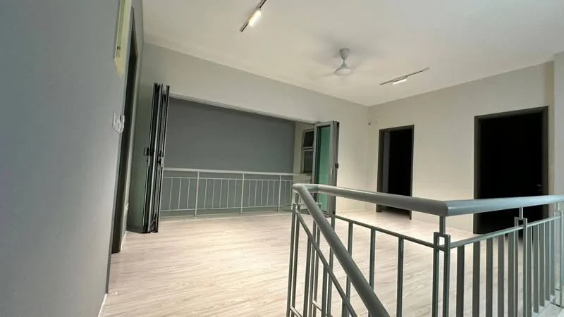 Room features: light grey painted walls, laminate flooring, 5-blade ceiling fan, sliding glass doors, metal railing, two doorways, recessed lighting; style: modern.
