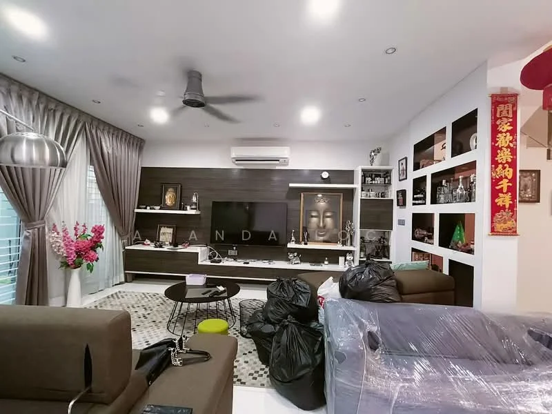 Living features: 3-seater fabric sofa in brown, 2-seater fabric sofa in grey, coffee table, TV console, wall-mounted TV, decorative wall with artwork, recessed downlights, ceiling fan, curtains in grey, area rug with geometric pattern, decorative items on shelves, potted plants, black garbage bags; style: modern.