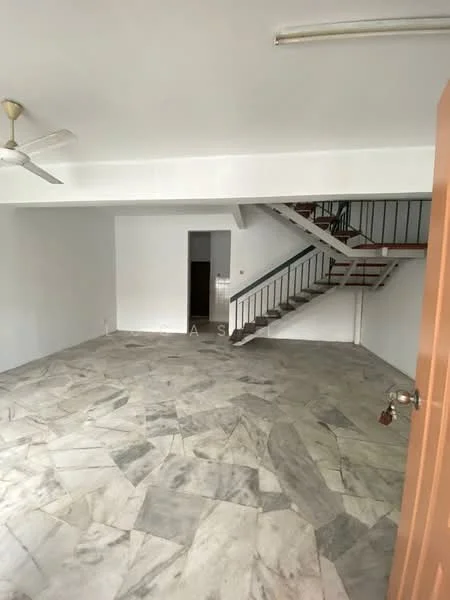 Room features: marble flooring, white painted walls, ceiling fan, staircase with metal railing, doorway leading to another room, natural light from windows, open layout; style: modern.