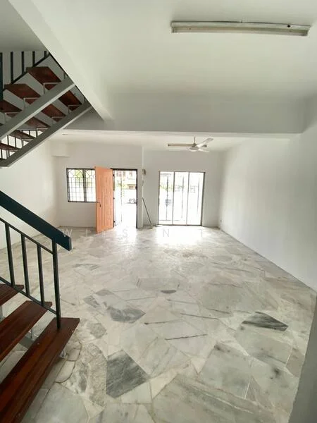Room features: marble flooring, white painted walls, ceiling fan, staircase with wooden steps, large windows, sliding glass door, natural light, open layout; style: modern.