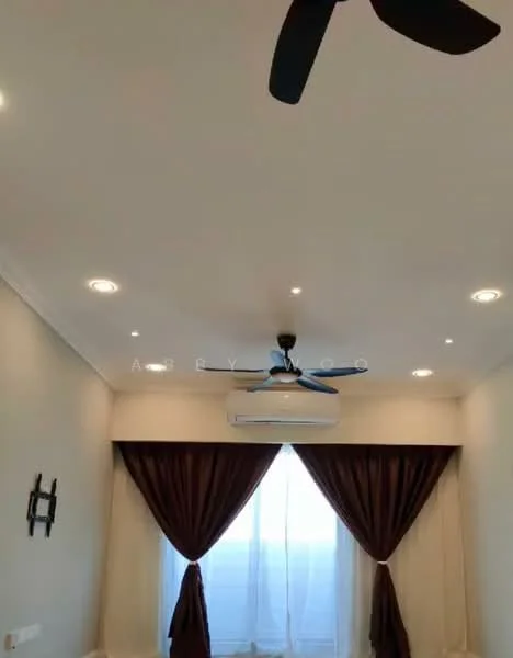 Room features: ceiling fan, recessed LED downlights, white painted walls, curtains in dark brown, sheer curtains, wall-mounted split AC, window with view, crown moulding; style: modern.