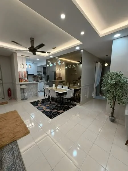 Living features: white painted walls, glossy tile flooring, 5-blade ceiling fan with light, recessed downlights, area rug with geometric pattern, sofa, coffee table, TV console, wall-mounted TV, decorative mirror, houseplants in ceramic pots; style: modern. Dining features: 6-seater dining table, upholstered dining chairs, pendant lighting, open shelving, decorative wall art; style: modern. Kitchen features: kitchen island, stainless-steel appliances, granite countertop, white cabinetry, backsplash with tile cladding; style: modern.