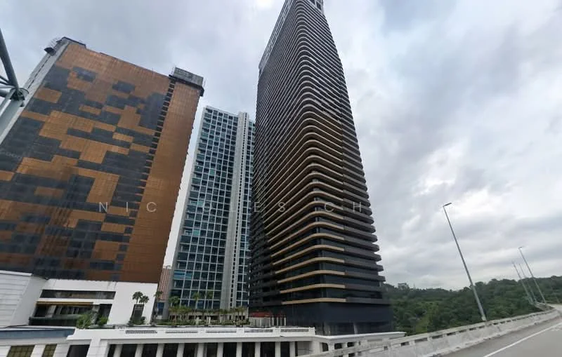 Exterior type: high-rise condominium; features: glass curtain wall, exposed concrete facade, wood paneling, recessed balconies, vertical fins, approximately 30-storey high-rise, surrounded by greenery, urban context, multiple building structures, modern architectural style; style: modern.
