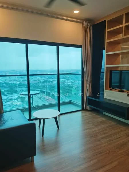 Living features: floor-to-ceiling windows, black leather sofa, round coffee table with black legs, wooden flooring, built-in shelving unit, wall-mounted TV, curtains, city view; style: modern; view: city.