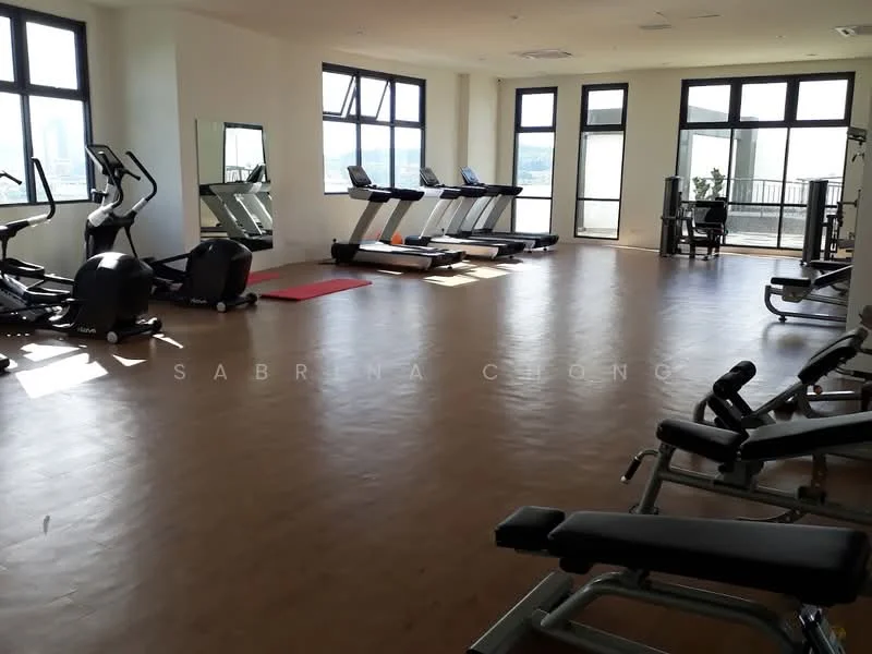 Room features: wooden flooring, large windows, treadmills, stationary bikes, weight benches, exercise mats, mirrored wall, fitness equipment, open layout, natural light; style: modern; view: city.