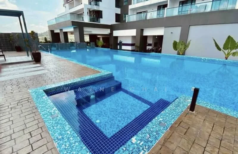 Exterior type: swimming pool deck; features: infinity pool, lap pool, tiled pool deck with mosaic tiles, surrounding landscaping with potted plants, sun loungers area, poolside seating area, water features, clear blue water, concrete flooring, balconies of adjacent buildings visible; style: modern.