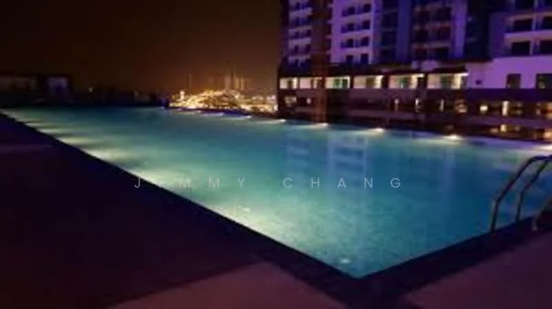 Exterior type: high-rise condominium; features: infinity pool, pool deck with loungers, city skyline view, night lighting, surrounding high-rise buildings; style: modern.