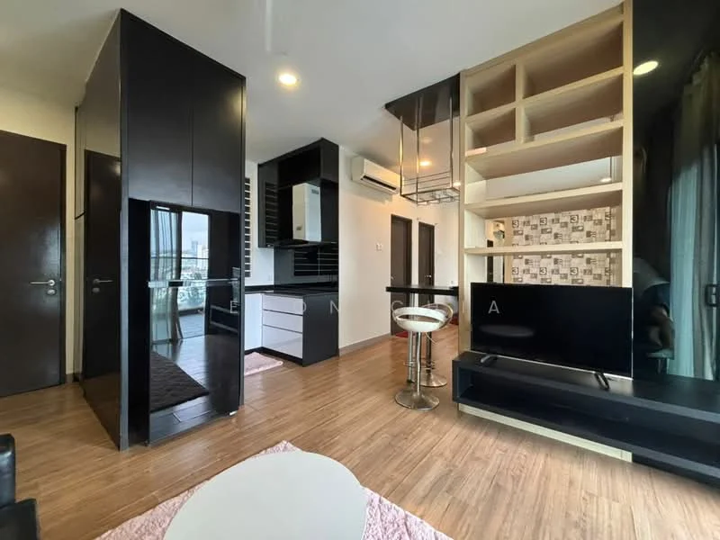 Living features: black cabinetry, white countertops, stainless-steel appliances, bar stools, TV console, wall-mounted TV, open shelving, wooden flooring, large windows, balcony access, recessed lighting, air conditioning unit; style: modern; view: city.