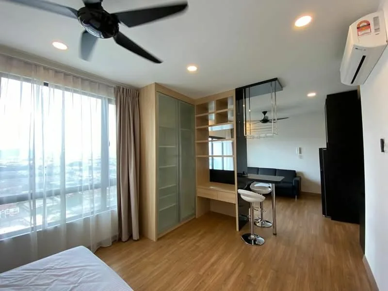 Room features: wooden flooring, floor-to-ceiling windows, sheer curtains, 5-blade ceiling fan, wall-mounted split AC, built-in shelving unit, study desk, bar stools, sofa, recessed downlights; style: modern; view: city.