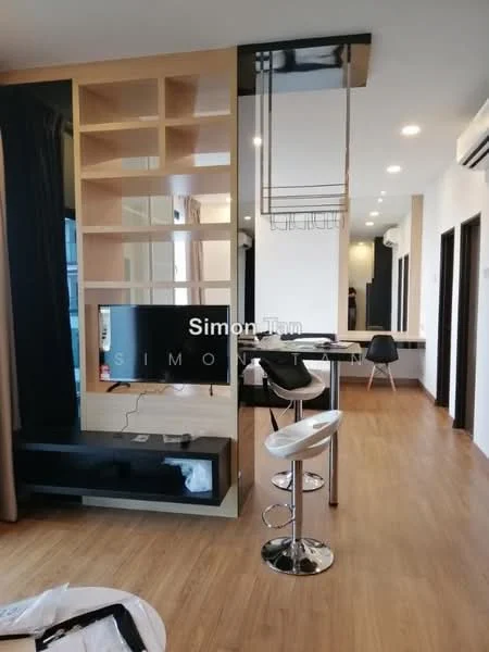 Living features: wooden flooring, built-in shelving unit, black TV console, wall-mounted TV, dining table with chairs, bar stools, pendant lighting, large windows with curtains, recessed ceiling lights, open layout, neutral wall color; style: modern.