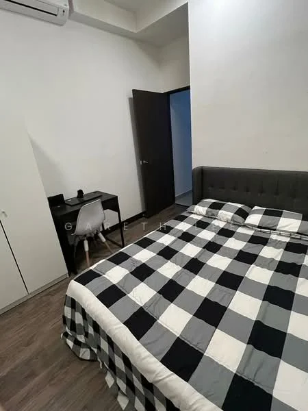 Bedroom features: king-size bed with checkered bedding, upholstered headboard, wooden flooring, white painted walls, built-in wardrobe with sliding doors, desk with chair, wall-mounted air conditioning unit, dark wooden door; style: modern.