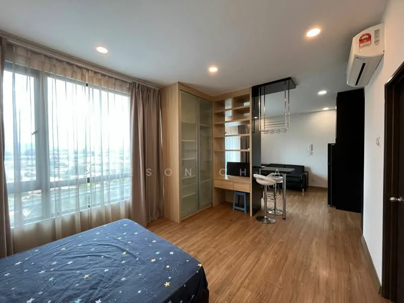 Room features: wooden flooring, floor-to-ceiling windows, sheer curtains, built-in shelving unit, dining table with chairs, black leather sofa, air conditioning unit, recessed downlights; style: modern; view: city.