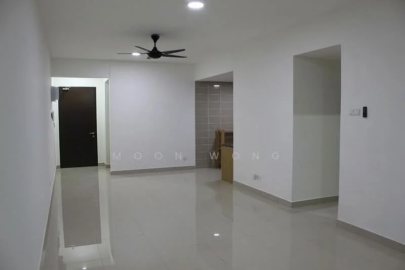 Room features: white painted walls, glossy ceramic tile flooring, recessed downlights, 5-blade ceiling fan, doorway leading to another room, open space layout, neutral color scheme, no visible furniture; style: modern.