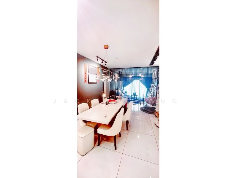 Dining features: 6-seater dining table, white upholstered dining chairs, chandelier with multiple bulbs, grey accent wall, large window with sheer curtains, polished ceramic tile flooring, decorative wall art, open layout to living area; style: modern.