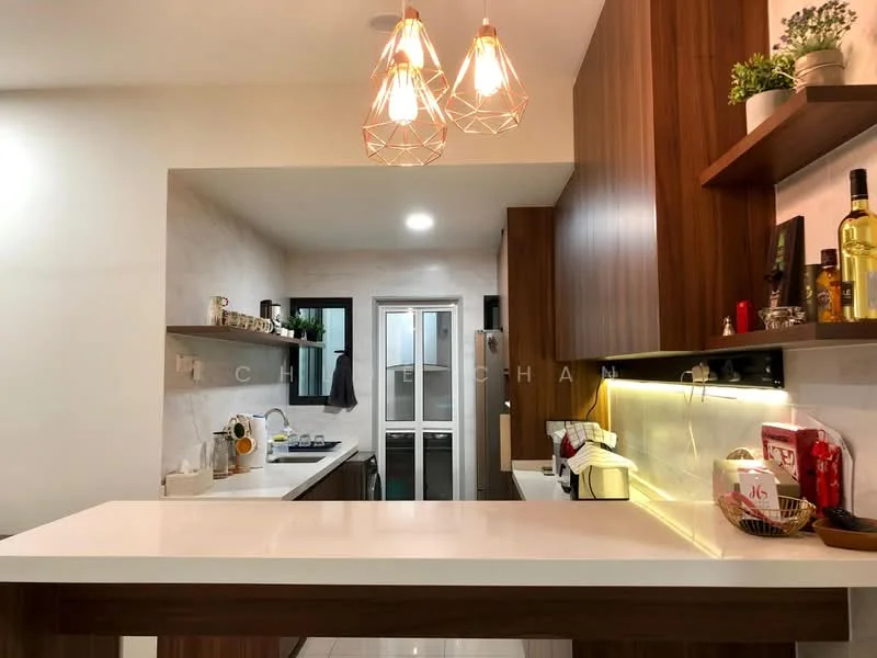 Kitchen features: white quartz countertop, wood cabinetry, open shelving, stainless-steel appliances, built-in oven, freestanding range oven, double-bowl stainless-steel sink, chrome pull-down faucet, pendant lighting with geometric design, white tiled backsplash, recessed LED downlights, floor-to-ceiling windows, ceramic tile flooring; style: modern.