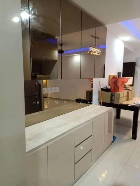 Kitchen features: white marble countertop, cream cabinetry with flat-panel design, mirrored backsplash, stainless-steel refrigerator, built-in oven, recessed downlights, pendant light fixture, white tiled flooring, wall-mounted cabinets, open shelving, kitchen island with storage; style: modern.